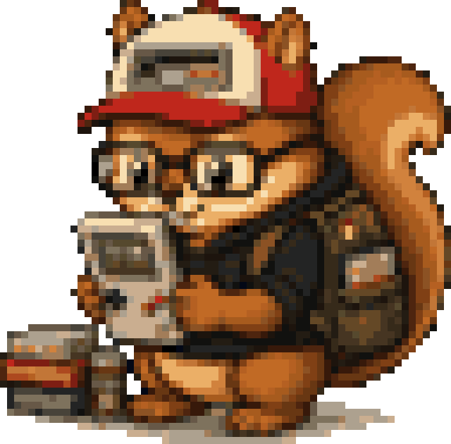 Packie — an 8-bit squirrel in a red cap and thick glasses, holding a Game Boy and hoarding cartridges